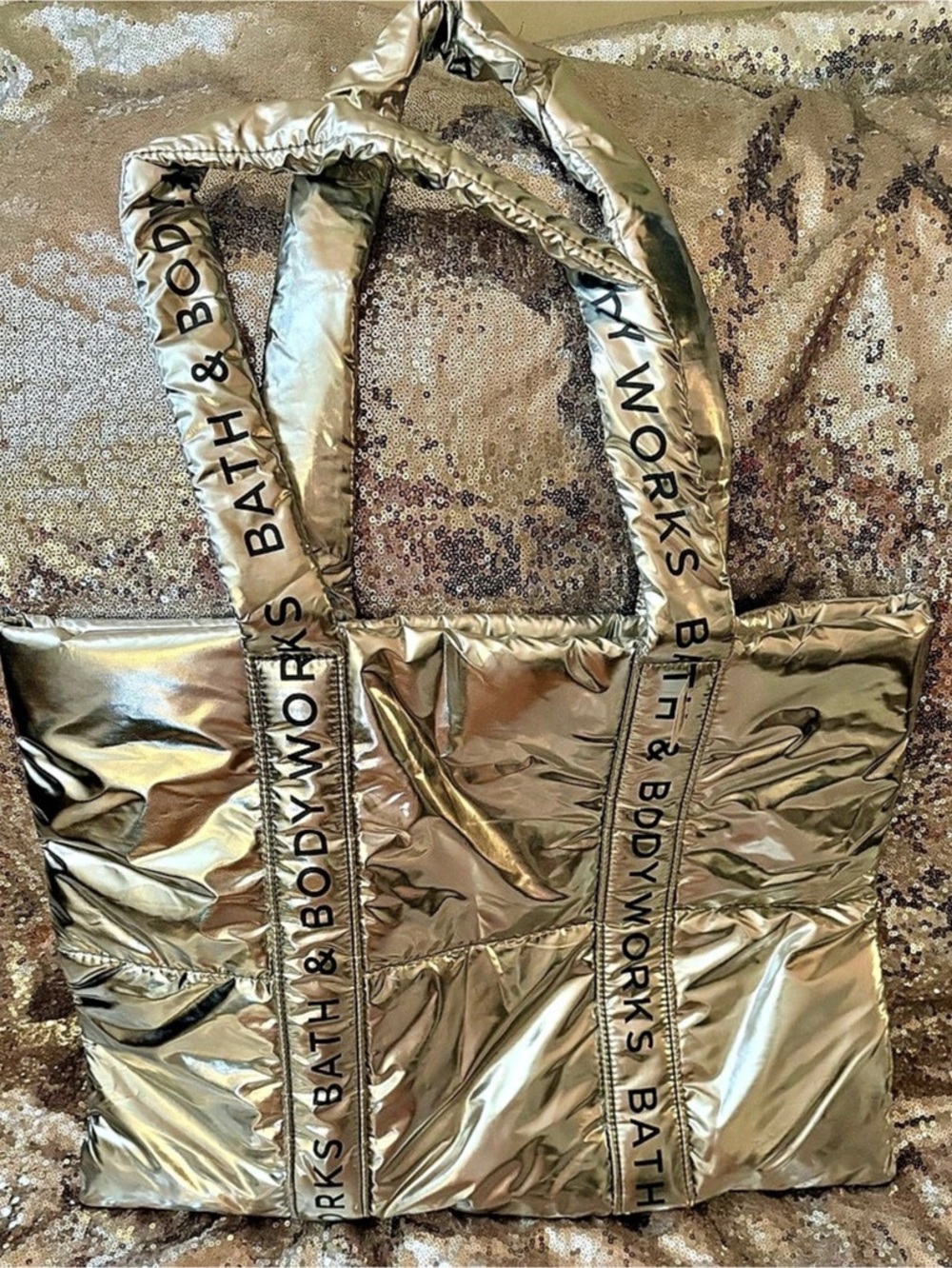 NWT Bath & Body Works Silver Puffer Tote Bag